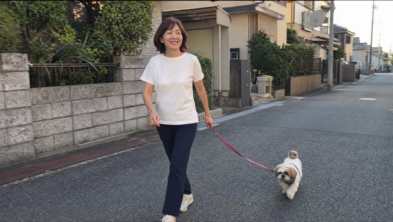 夕方、犬を連れて近所を歩く50代の女性
