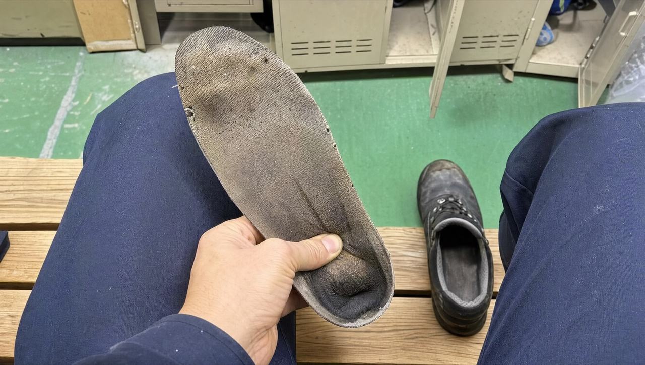 夕方、休憩室で靴から抜いた中敷きのかかとを親指で押している手元