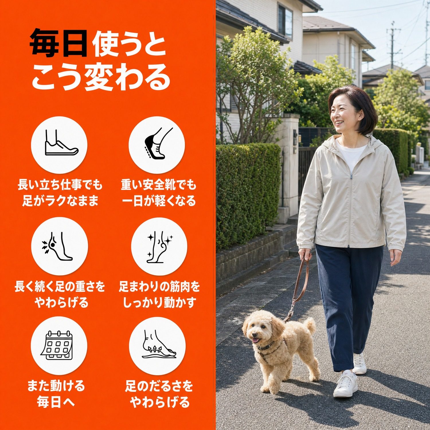 Massage insoles benefits graphic featuring icons and text on a vibrant orange background with a couple walking a dog.