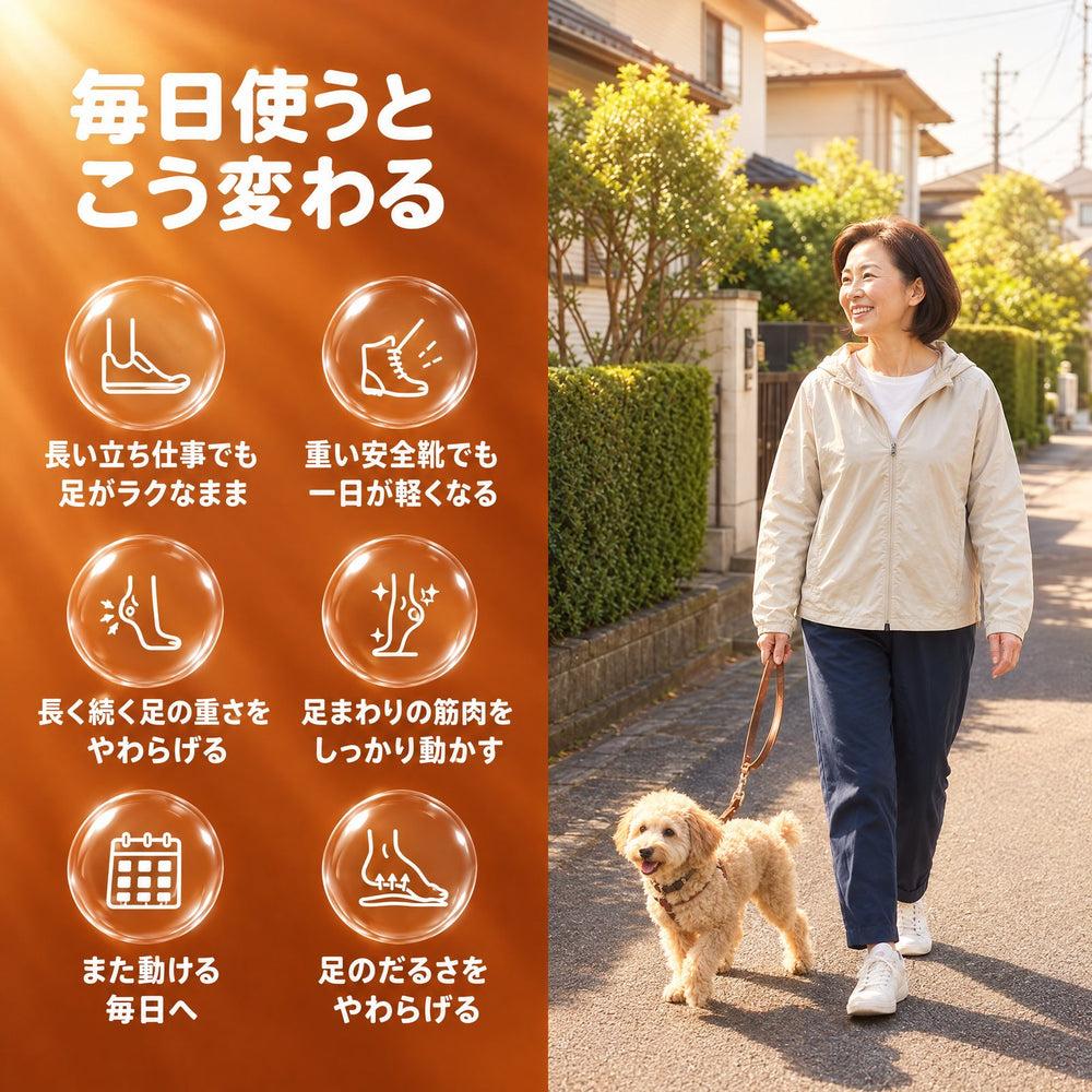 Massage insoles benefits graphic featuring icons and text on a vibrant orange background with a couple walking a dog.