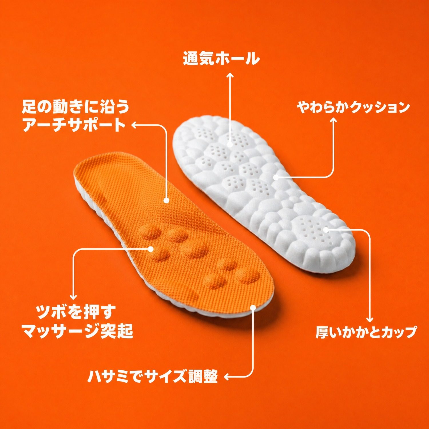 Massage insoles featuring orange surface, white base, targeted massage nodes, breathable vents, and arch support.
