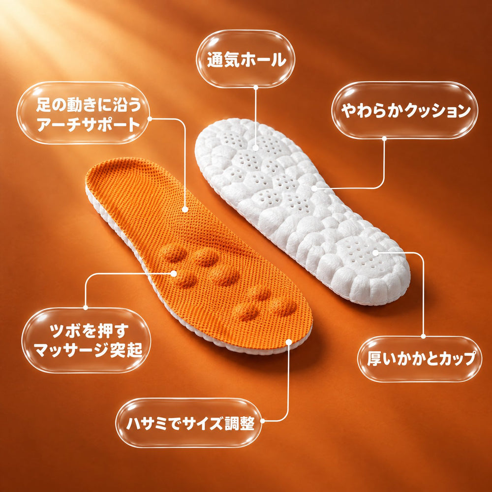 Massage insoles featuring orange surface, white base, targeted massage nodes, breathable vents, and arch support.