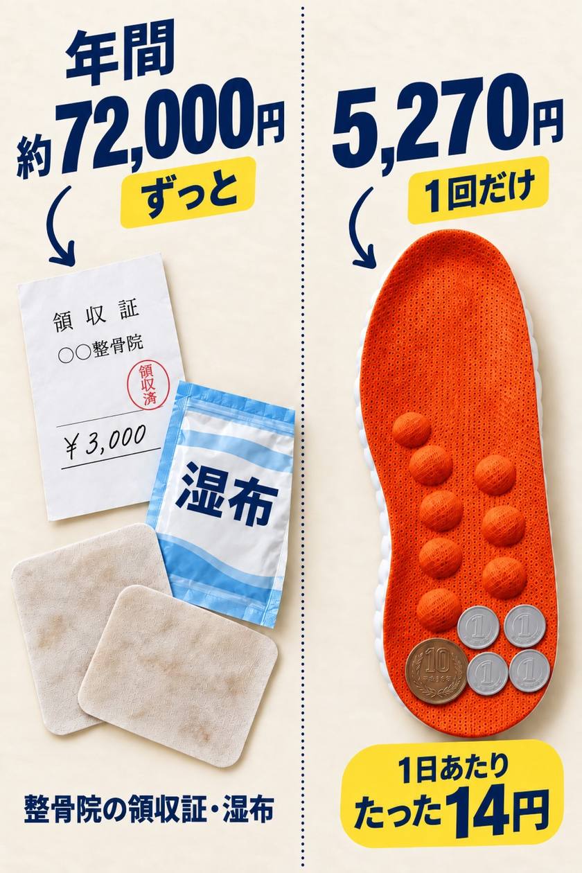 整骨院の領収証と湿布は年間約72,000円ずっと。アルコットは6,140円1回だけ。1日あたりたった17円（10円玉1枚と1円玉4枚）